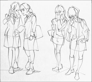 a painting of a group of women in a row