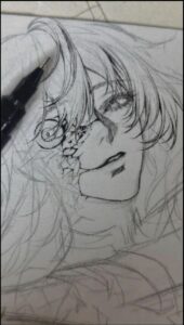 a painting of a painting of a person with a black and white striped shirt