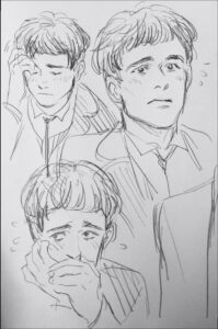 a painting of a man with a large black and white teddy bear