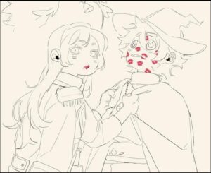 a painting of a woman holding a flower in a vase