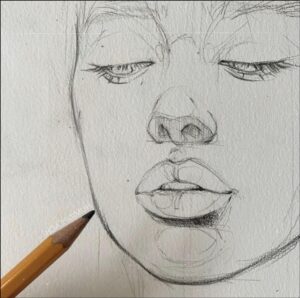 a painting of a woman with a black and white brush