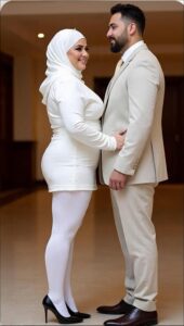 a man and a woman dressed in white and black