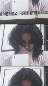 a collage of a woman with a cat on her head