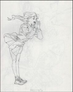 a painting of a person holding a white and blue umbrella