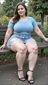 a woman sitting on a bench with a red top