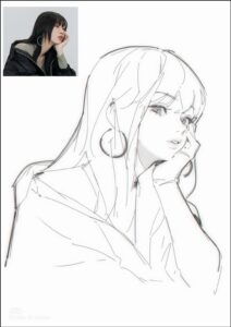 a painting of a woman in a black and white photo