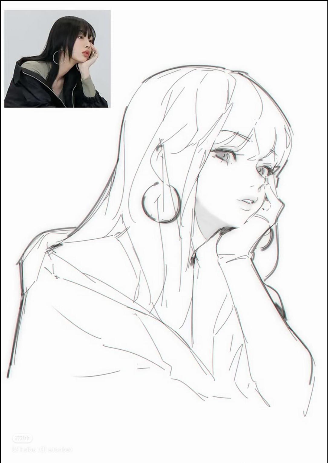 a painting of a woman in a black and white photo