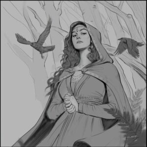 a painting of a woman with a cat on her head