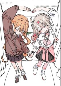 a painting of a woman with a cat on her head