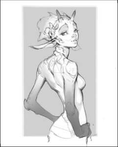 a painting of a woman in a black and white photo