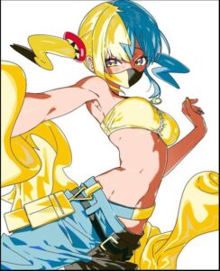 a woman in a pink shirt and a blue and white striped shirt