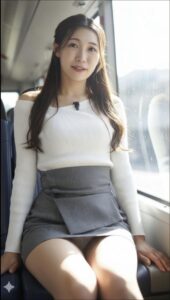 a woman sitting on a bus seat with a suitcase