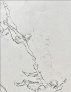 a painting of a group of small white birds on a beach