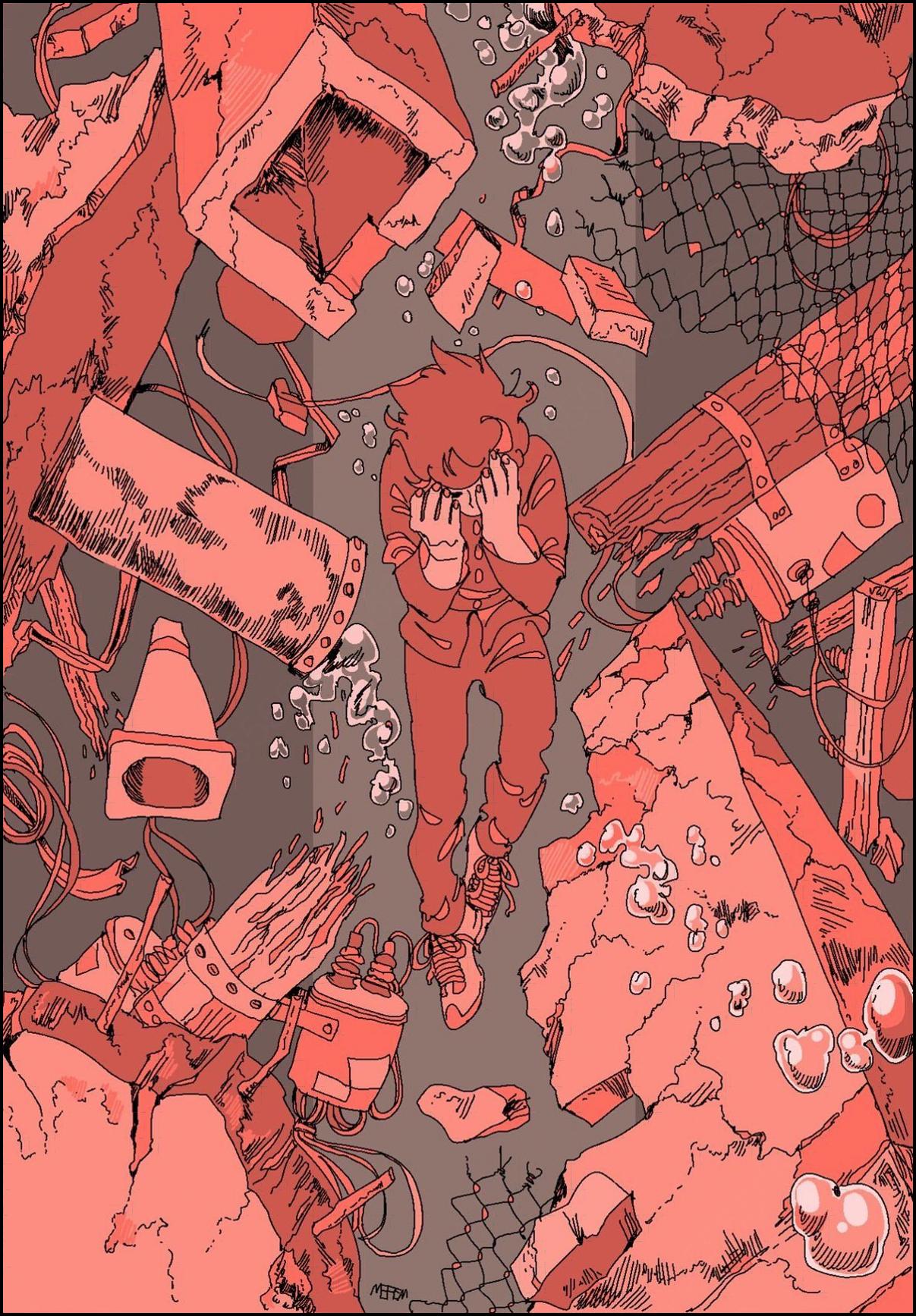 a red and white photo of a red and white wall