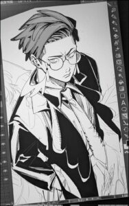 a painting of a man with a picture of a cat on it