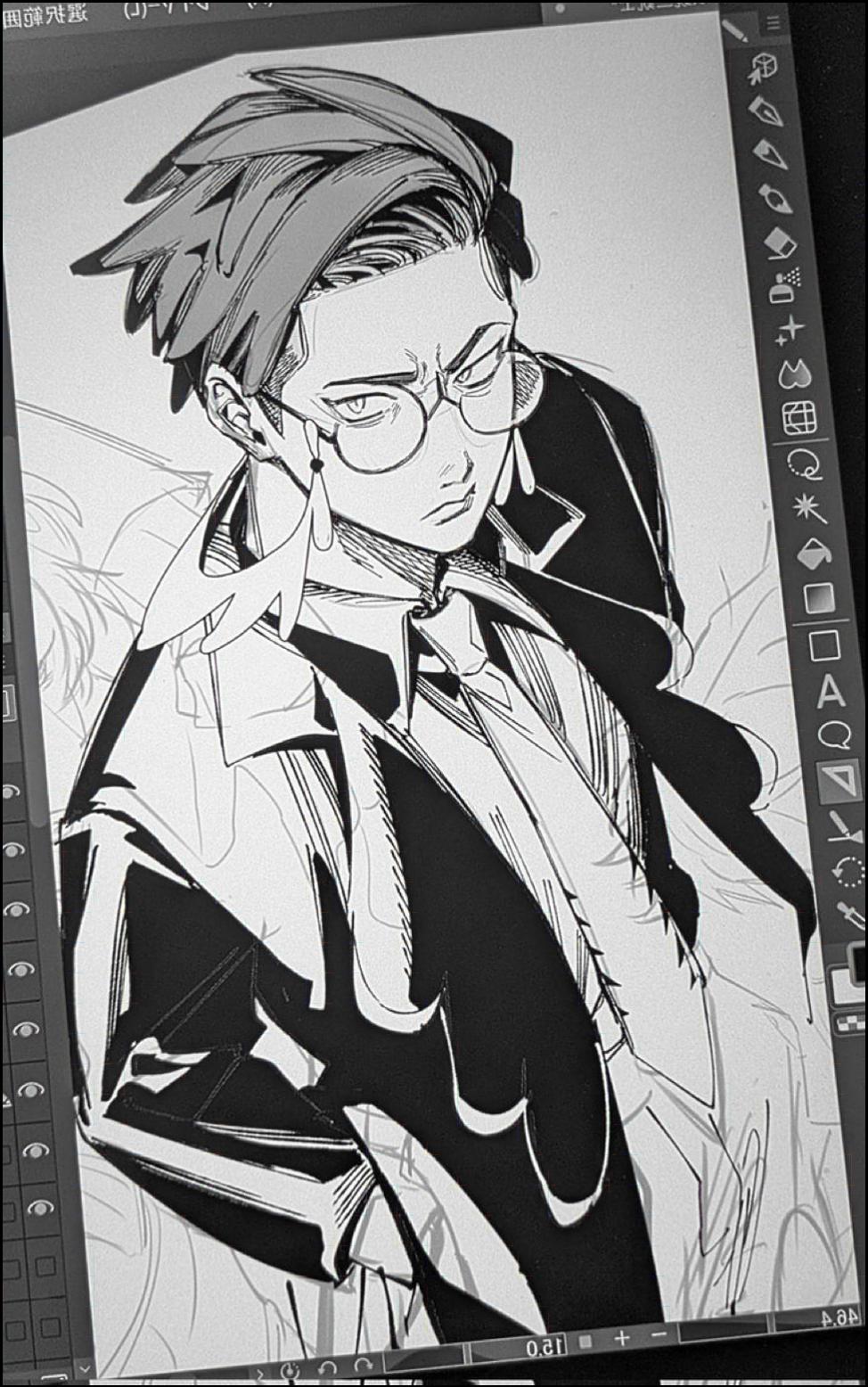 a painting of a man with a picture of a cat on it