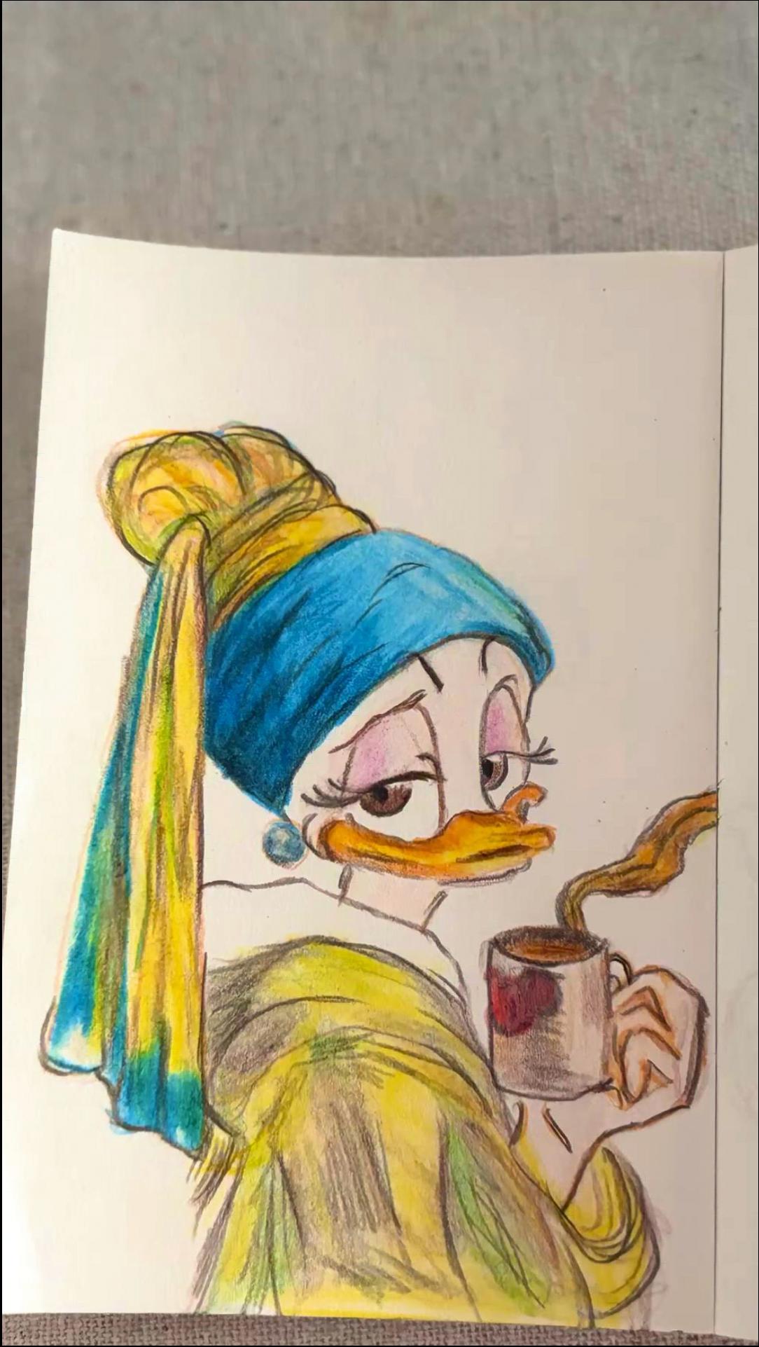 a painting of a woman holding a painting of a bird