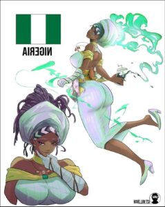 a cartoon of a woman with a cat on her head