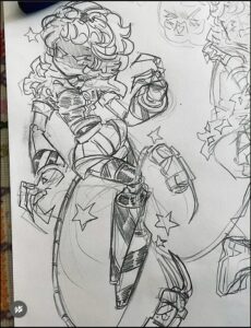 a painting of a man with a large white and blue brush