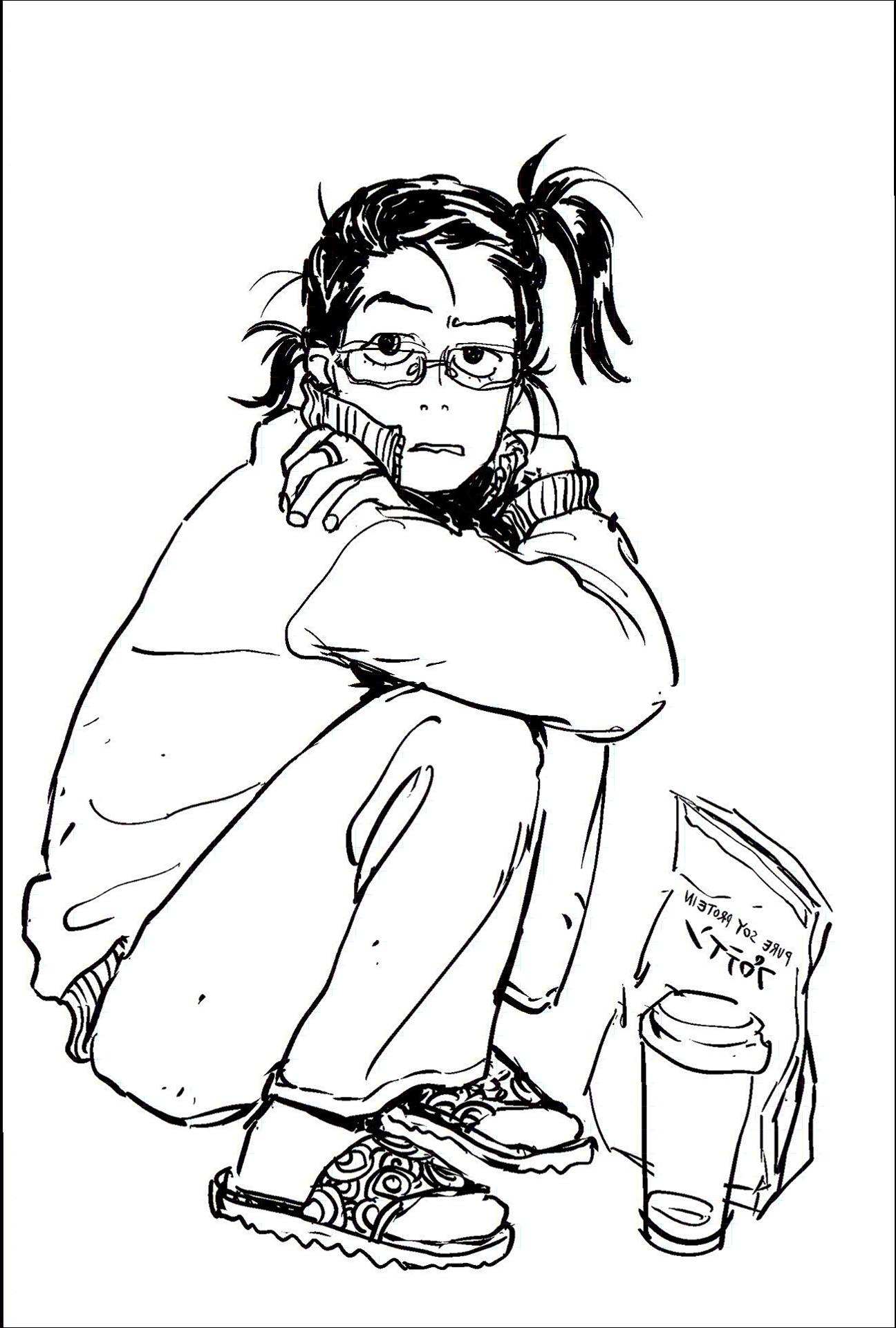 a woman is sitting on a wall with a painting