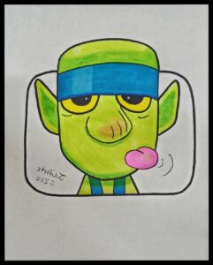 a cartoon of a cartoon character with a cartoon bird on it