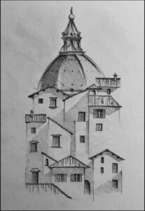 a painting of a building with a clock on it