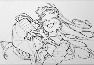 a painting of a painting of a person with a black and white background