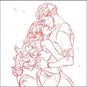 a painting of a woman sitting on a white bench