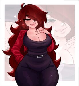 a woman in a red dress with a red bow tie