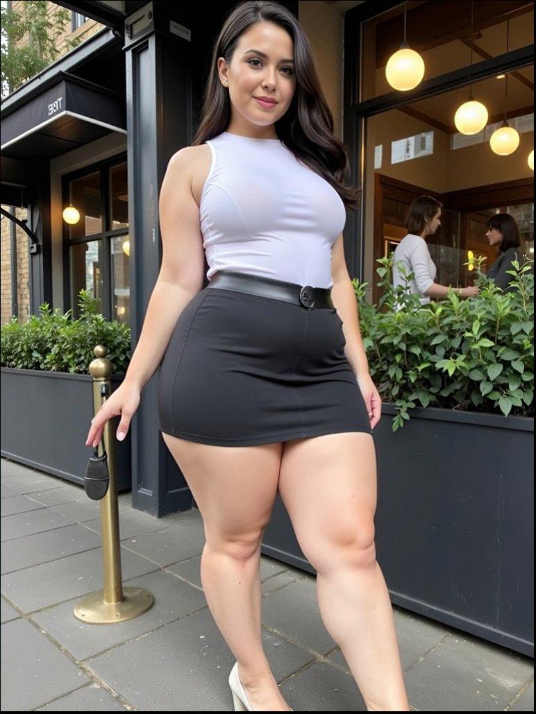 a woman in a black dress standing on a sidewalk