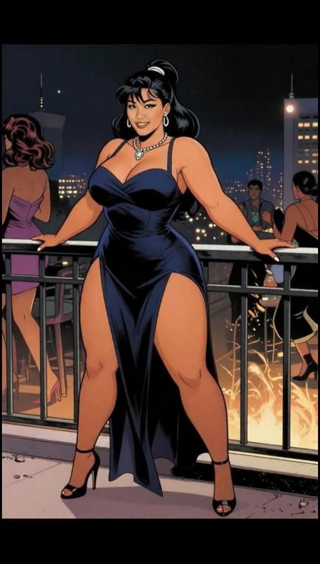 a woman in a red dress and a black and white striped shirt