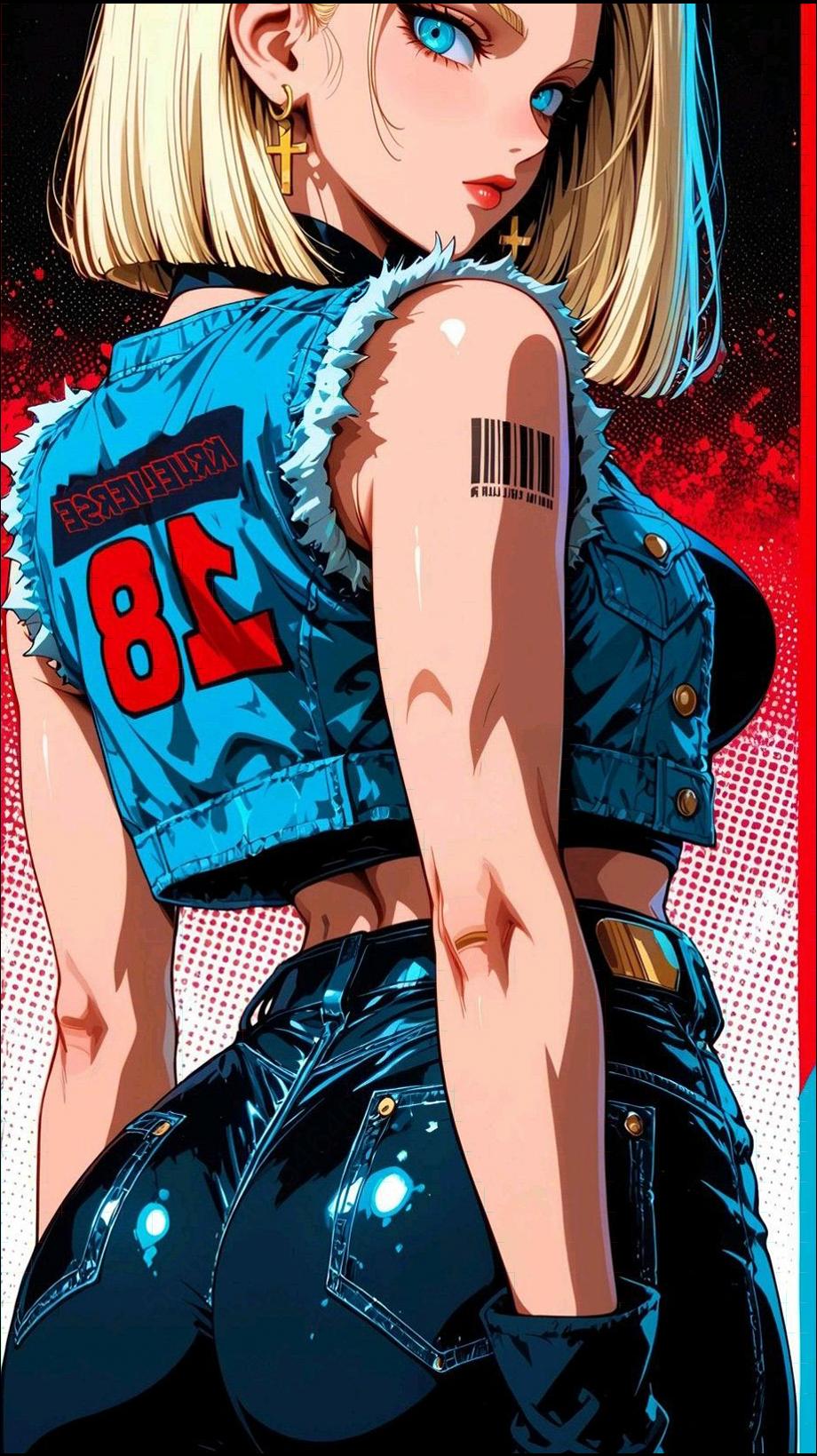 An anime-style female character with short blonde hair and blue eyes wears a blue denim jacket with the number "18" and a black choker. She is wearing black pants with a shiny, reflective finish and a gold belt detail. A barcode is visible on her right shoulder. She is depicted from the back against a red and black background with a dotted pattern.
