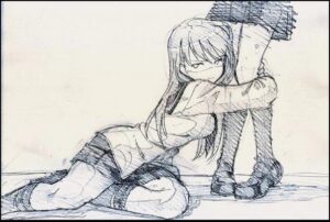 a painting of a man sitting on a wooden bench