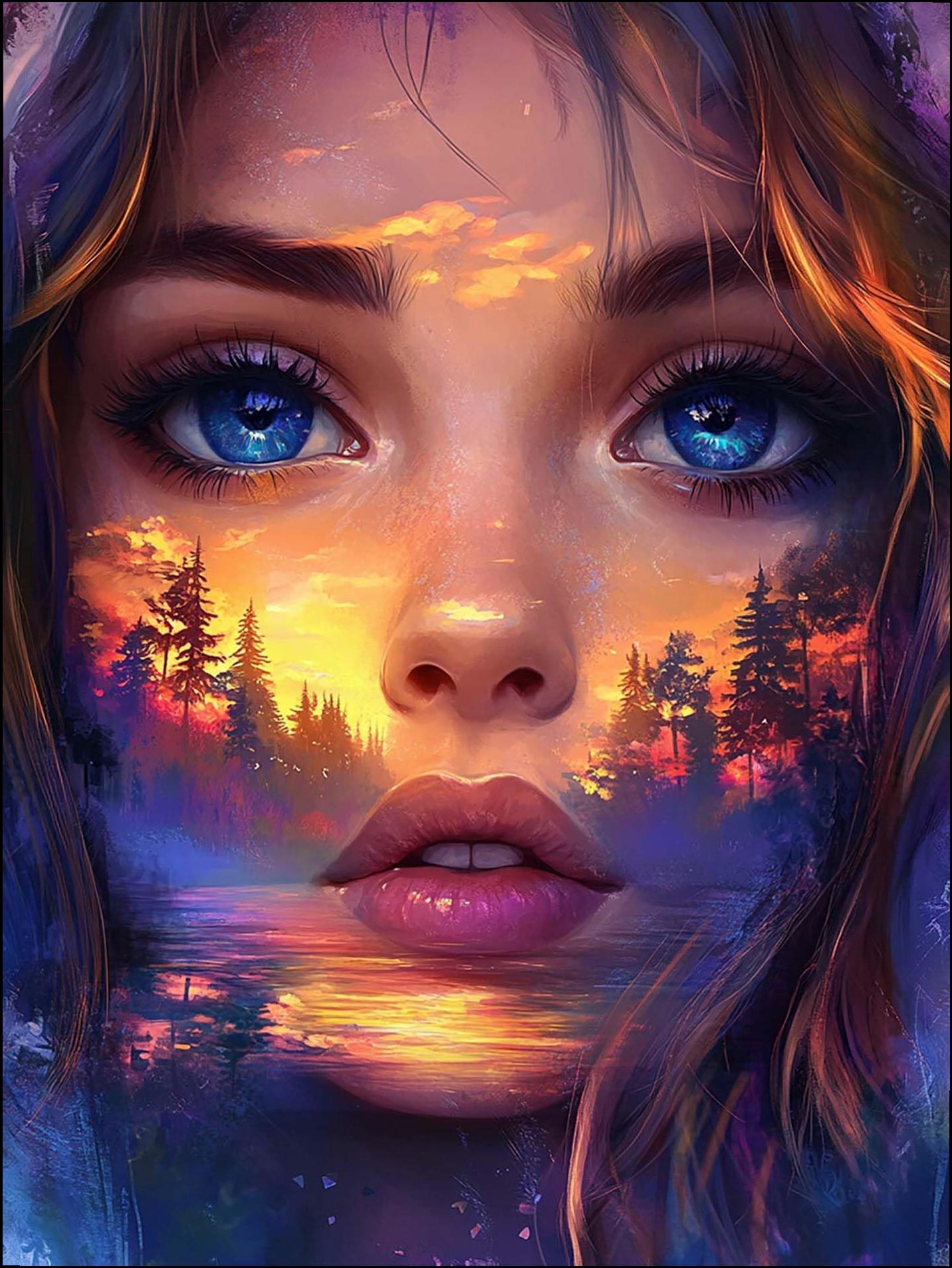 a painting of a woman with a red and white painted face