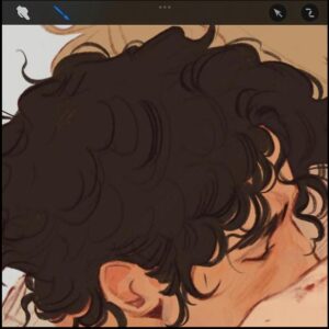 A close-up illustration depicts a young man with dark, curly hair. His face is partially obscured by his hair, and he appears to be sleeping or resting. A portion of a light-colored surface is visible in the lower right corner. The image is rendered in a sketch-like style with visible brushstrokes.