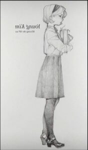 a woman is standing in front of a painting