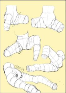 Five sketches depict human legs and feet in various poses, demonstrating the skeletal structure. The sketches showcase different leg positions, from standing upright to lying down, with detailed linework and shading.