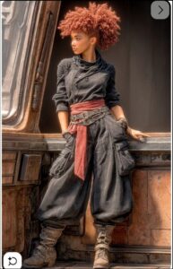 A woman with reddish-brown curly hair wears a dark gray jumpsuit with wide-legged pants and brown boots. She stands near a metallic, futuristic-looking structure with a window and visible mechanical details.