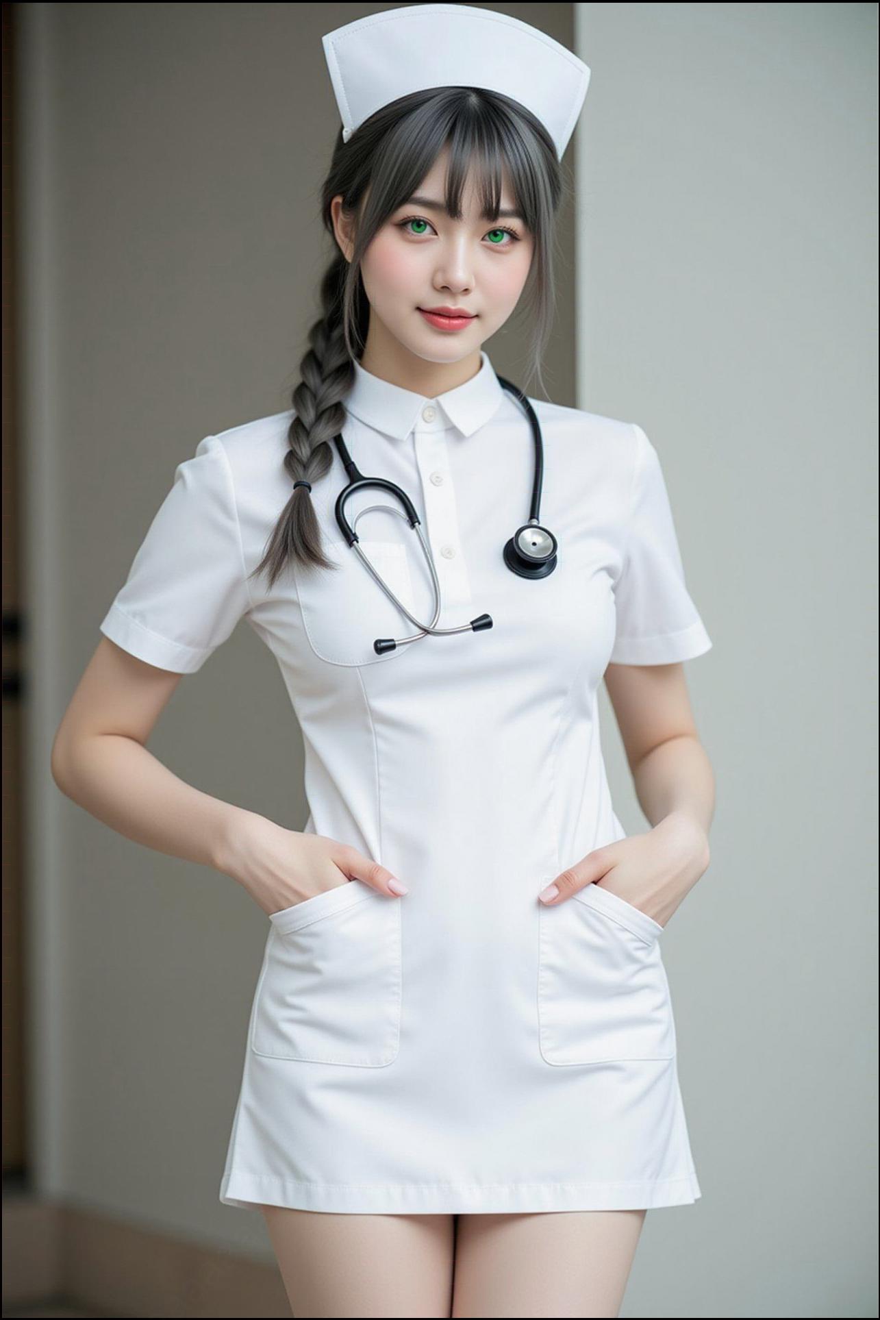 a woman in a white dress and a black and white checkered hat