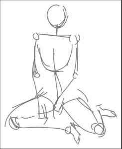 A pencil sketch depicts a human figure in a kneeling pose. The figure is drawn with minimal detail, focusing on basic shapes and lines.
