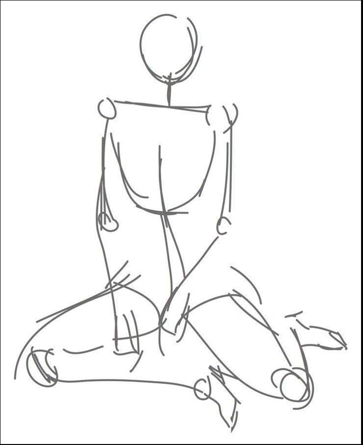 A pencil sketch depicts a human figure in a kneeling pose. The figure is drawn with minimal detail, focusing on basic shapes and lines.