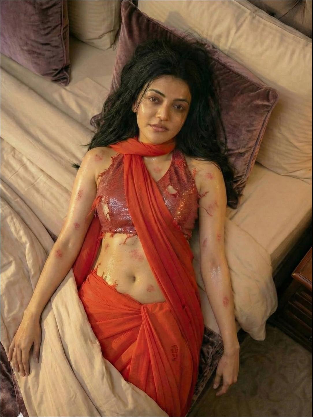 a woman in a red dress is laying on a bed