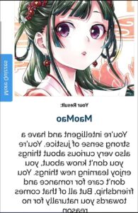 An anime-style character portrait shows a person with dark green hair styled with red and white flowers, wearing a red and white garment. The character has large purple eyes and wears small earrings. The accompanying text describes the character as "Intelligent and have a strong sense of justice."