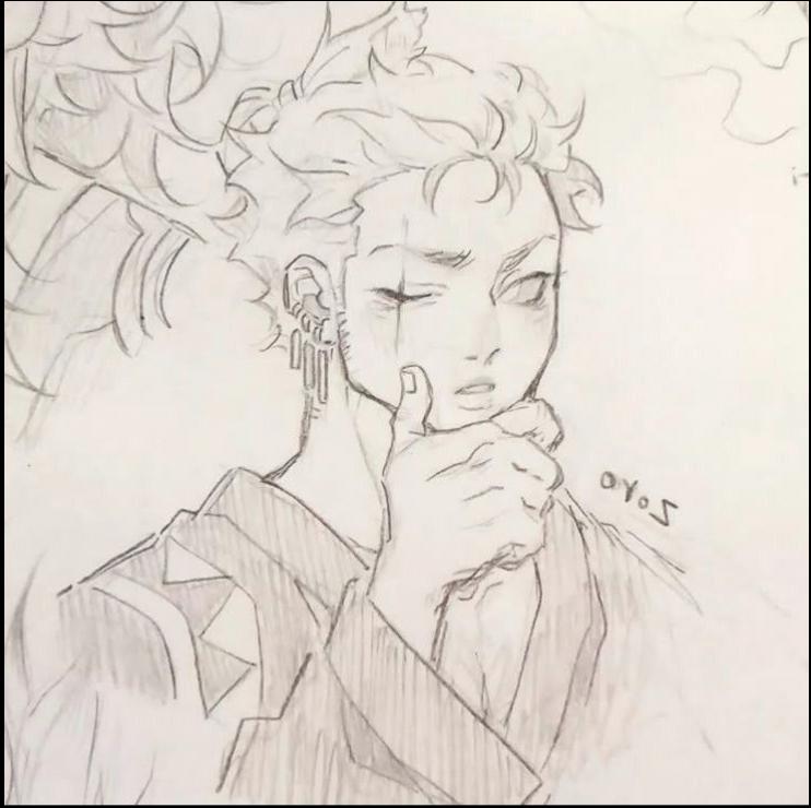 A pencil sketch depicts a character with short, spiky hair, wearing a patterned garment and earrings. The character's right hand is raised to their chin, with a contemplative expression. The artist's signature, "Oyo," is visible in the bottom right corner.