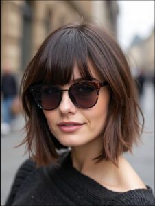A woman with a shoulder-length brown bob hairstyle with bangs wears tortoiseshell sunglasses and a dark knit top. She is outdoors against a blurred background.