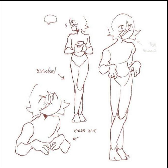 Three sketches depict a character with short hair, labeled "Ton," "balance," and "dinosaur arms." The character is shown from various angles, holding an object and appearing to interact with it.