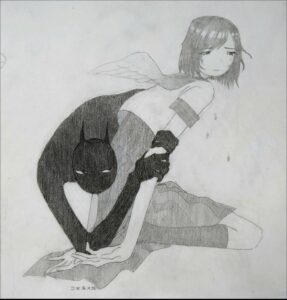 A pencil drawing depicts a winged figure with dark hair and a white sleeveless top, crouching and holding a dark, bat-like mask. The figure wears a skirt and knee-high socks. Small, dark markings resembling tears are visible on the figure's face. The drawing is signed "SEO 2K5".