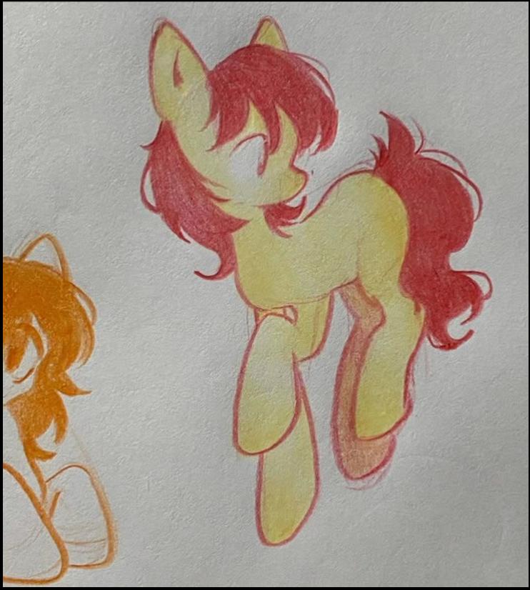 A drawing depicts a yellow pony with reddish-brown mane and tail, positioned against a light background. The pony is drawn in a loose, sketchy style with visible lines and shading. Another orange pony sketch is partially visible in the bottom left corner.