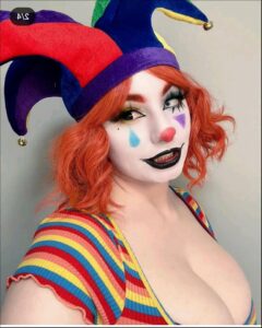 a person wearing a clown mask and a hat