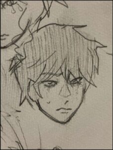 a painting of a man with a large head